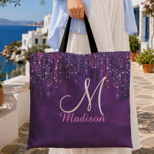 Bolsa Tote Lindo Unicórnio Rosa Roxo com Monograma de Brilho