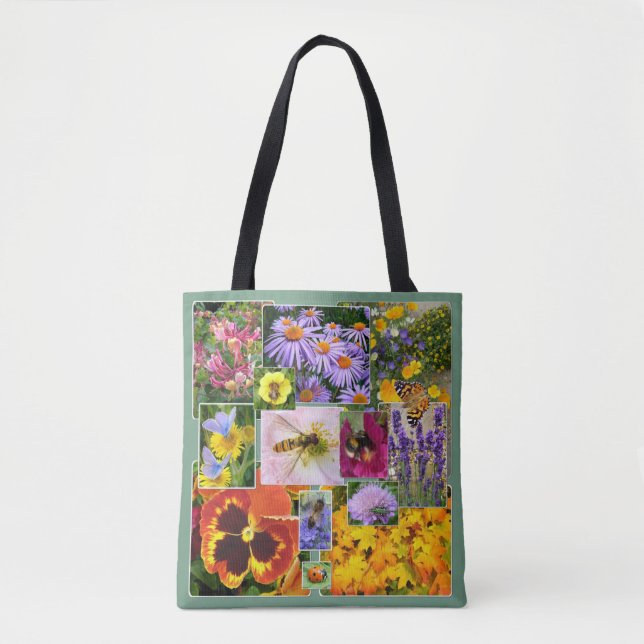 Bolsa Tote Lindos Flores de Verão e Colagem de Insetos (Frente)