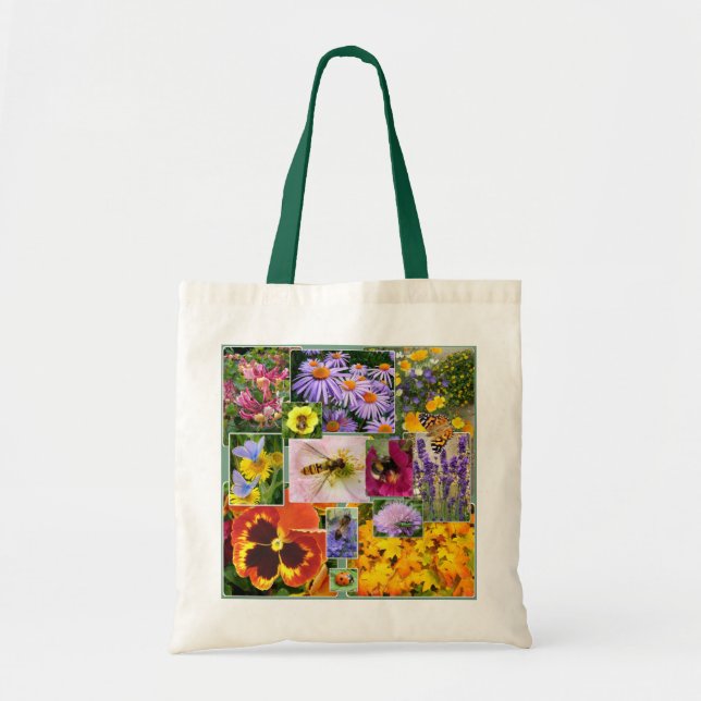 Bolsa Tote Lindos Flores de Verão e Colagem de Insetos (Frente)