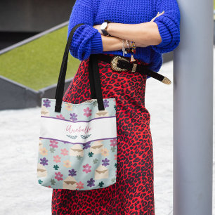 Bolsa Tote Lindos Flores Violetas e Envelopes com Nome