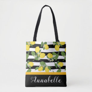 Bolsa Tote Lindos Lemons e Blossoms em Stripes Personalizam