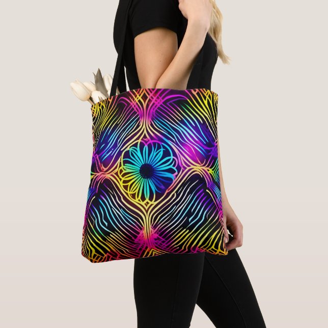 Bolsa Tote Linhas de Neon Psicodélicas com Arte Flor (Close Up)