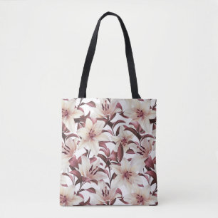 Bolsa Tote Lírios em branco. Padrão floral