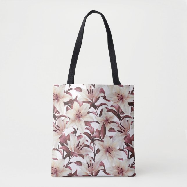 Bolsa Tote Lírios em branco. Padrão floral (Frente)