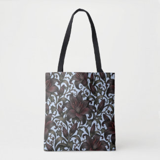 Bolsa Tote Lírios Preto Borgonha – Floral Botânico Gótico