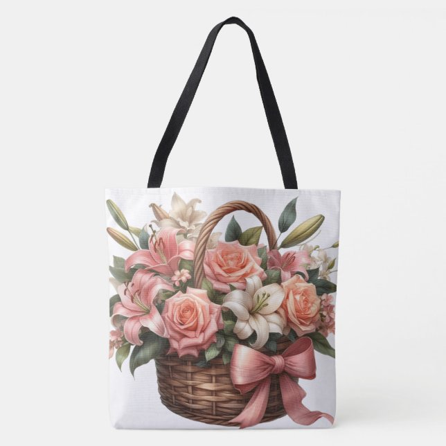 Bolsa Tote lírios rosas num cesto (Frente)
