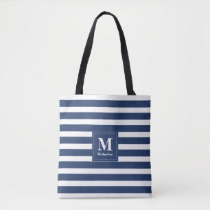 Bolsa Tote Listra Azul e Branco Monograma