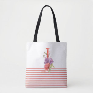 Bolsa Tote Listra cor-de-rosa floral da letra "J" da aguarela