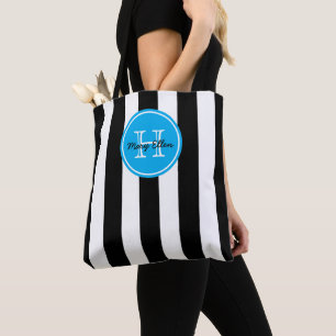 Bolsa Tote Listra Preta e Branca Com Monograma Azul Vibrante