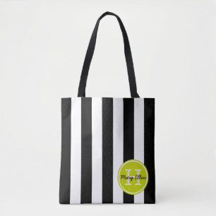 Bolsa Tote Listra preto e branco com monograma do verde limã