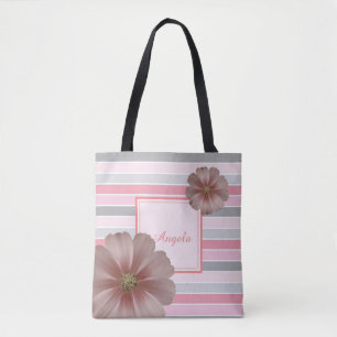 Bolsa Tote Listrado da Moda, Flores - Personalizado