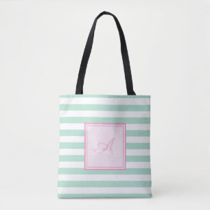 Bolsa Tote Listrado de Verde Hortelã Feminino, Monograma-Pers