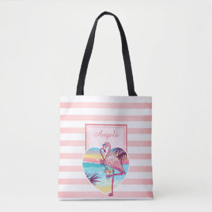 Bolsa Tote Listrado na Moda, Flamingo, Coquetel - Personaliza