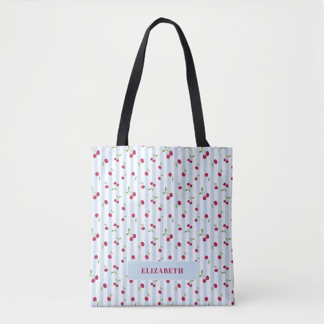 Bolsa Tote Listras Azuis Cereja Personalizadas Fofo Retrô (Frente)