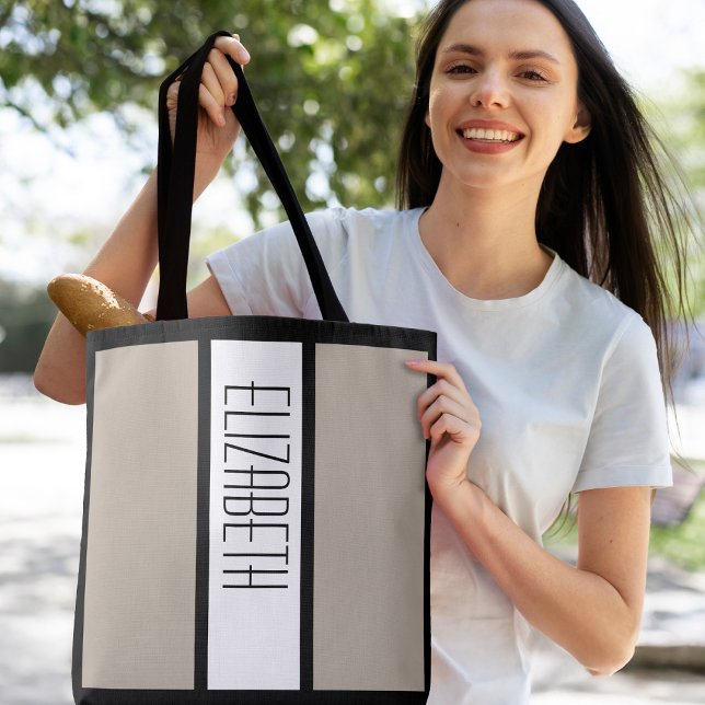 Bolsa Tote Listras Bege Nome Personalizado Minimalista Simple (Modern Simple Minimalist Custom Name Tan Stripes Tote Bag)