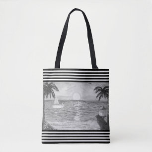 Bolsa Tote Listras brancas pretas & paisagem da praia do