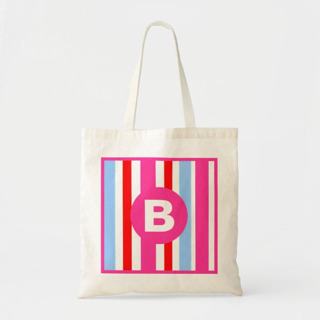 Bolsa Tote Listras de Bala Rosa e Azul com Monograma (Frente)