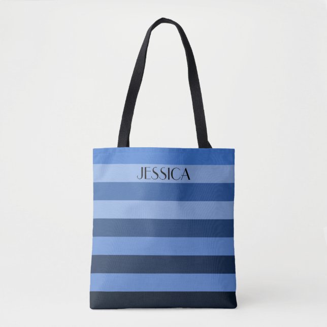 Bolsa Tote Listras de Bloco de Cor Azul com Nome Personalizad (Frente)