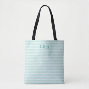 Bolsa Tote Listras de Hortelã Azul Clássico Monograma Inicial