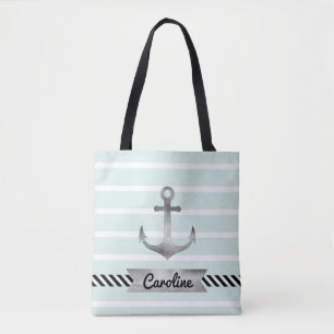 Bolsa Tote Listras de Hortelã Gelada Âncora Personalizada Aqu
