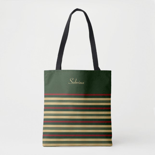 Bolsa Tote Listras de Natal Vermelhas e Douradas em Verde (Frente)