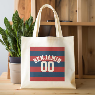 Bolsa Tote Listras de Rugby Azuis e Vermelhas Nome Número