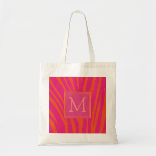 Bolsa Tote Listras de Zebra Monograma Rosa e Laranja (Frente)