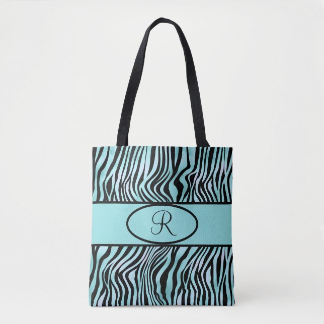 Bolsa Tote Listras de Zebra Monogramadas Turquesa Verde Água  (Frente)