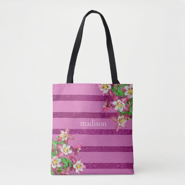 Bolsa Tote Listras e Flores Rosa Personalizadas (Frente)