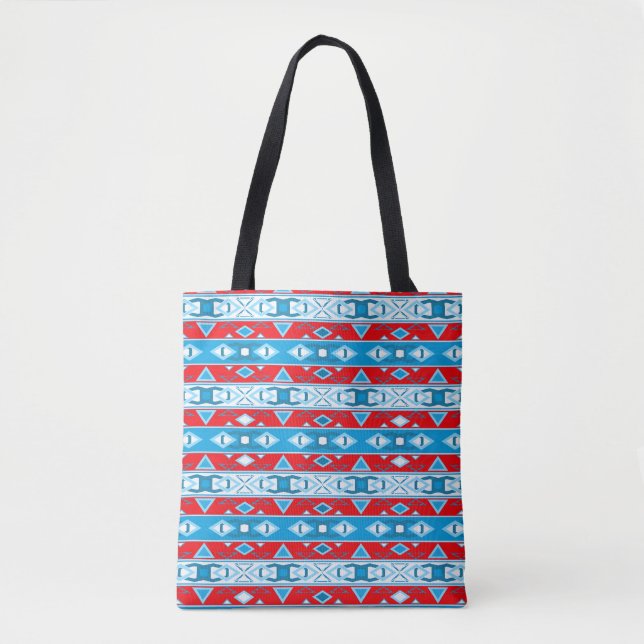 Bolsa Tote Listras e formas geométricas de branco azul vermel (Frente)