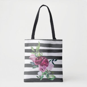 Bolsa Tote Listras Florais Preto e Branco