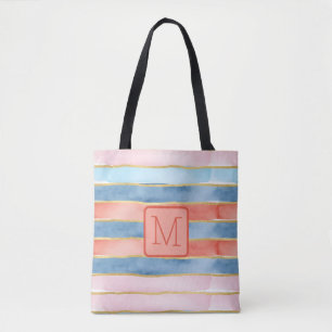 Bolsa Tote Listras Largas de Aquarela Bloco de Cor Monograma