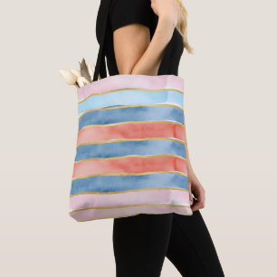 Bolsa Tote Listras largas de aquarela de azul rosa coral