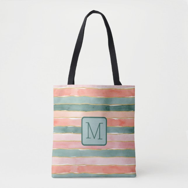 Bolsa Tote Listras largas de aquarela em tons de azul-turques (Frente)