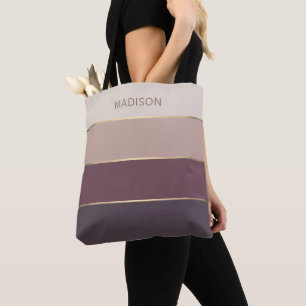 Bolsa Tote Listras Largas Modernas Nome do Monograma Dourado
