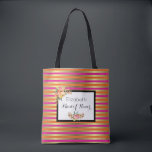Bolsa Tote Listras Metálicas Cor-de-rosa, Laranja e Escuras c<br><div class="desc">Uma bolsa personalizada de tota de casamento com um padrão elegante composto por listras horizontais, cor-de-rosa, laranja e escura, metálicas douradas. A camada sobre o topo é um quadro com uma borda preta. Flores cor-de-água rosa e laranja decoram o design. Personalize com o nome do destinatário e o título da...</div>