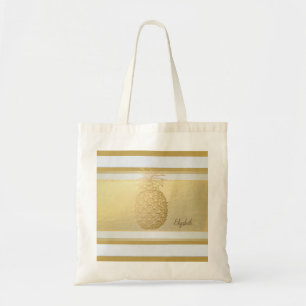 Bolsa Tote Listras Modernas de Menina Douradas, Abacaxi Doura