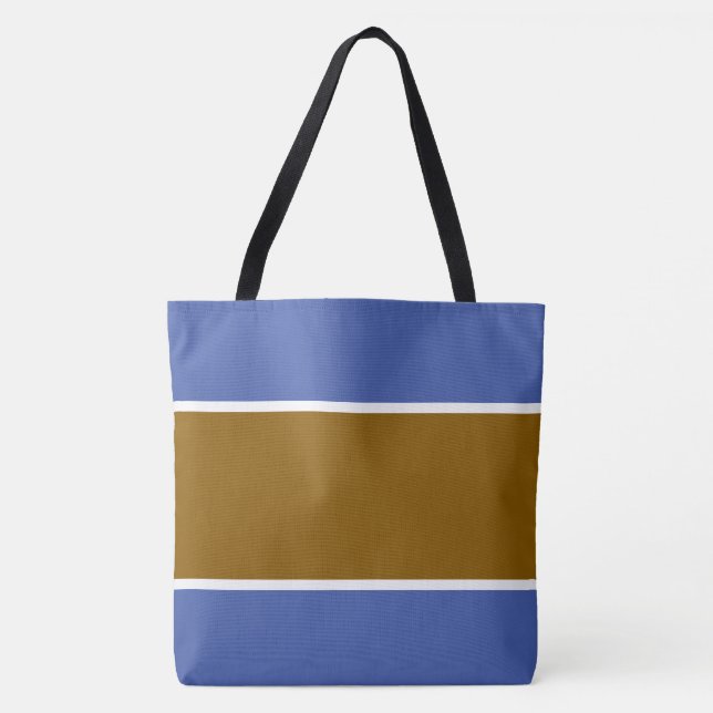 Bolsa Tote Listras Modernas Dourado Marrom Branco Azul Médio (Frente)