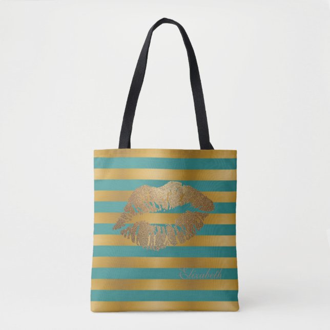 Bolsa Tote Listras modernas femininas, Lábios cintilantes, Pe (Frente)