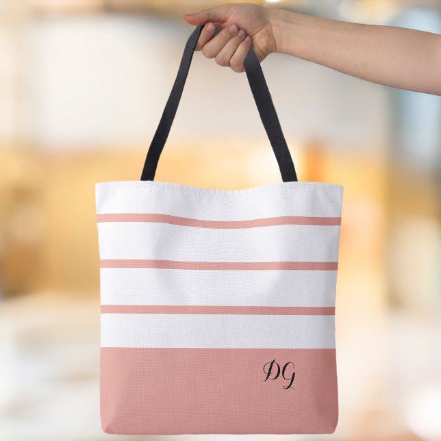 Bolsa Tote Listras Monograma Modernas Elegantes em Rosa (Elegant Modern Bold Stripes Monogram Initials Pink & White Canvas Shopping Shoulder Tote Bag)