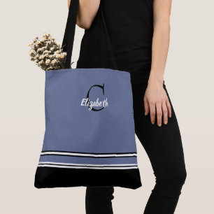 Bolsa Tote Listras Monograma Modernas Preto Azul