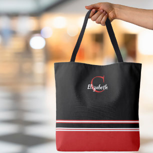 Bolsa Tote Listras Monograma Modernas Preto Vermelho