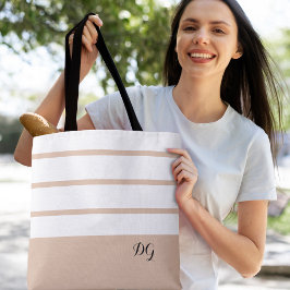 Bolsa Tote Listras Monograma Neutro Marrom Ousado Moderno Ele