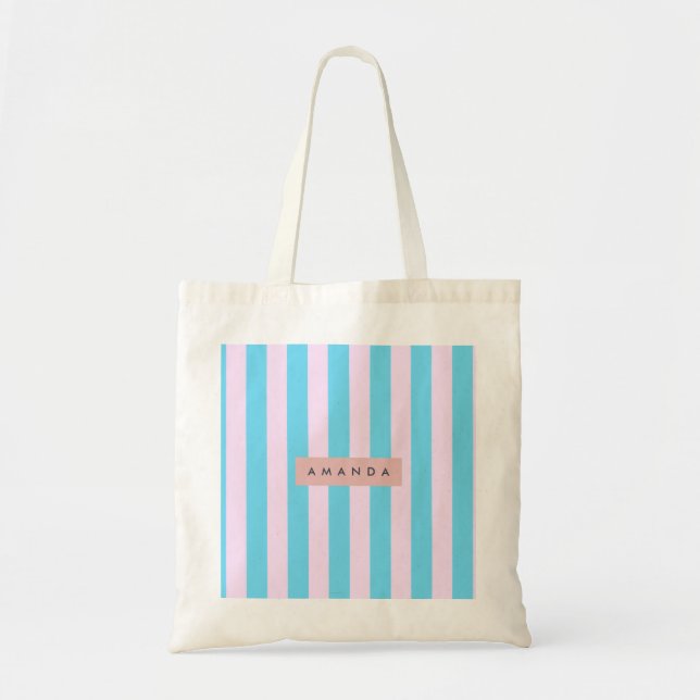 Bolsa Tote Listras Personalizadas Rosa Pastel e Azul (Frente)