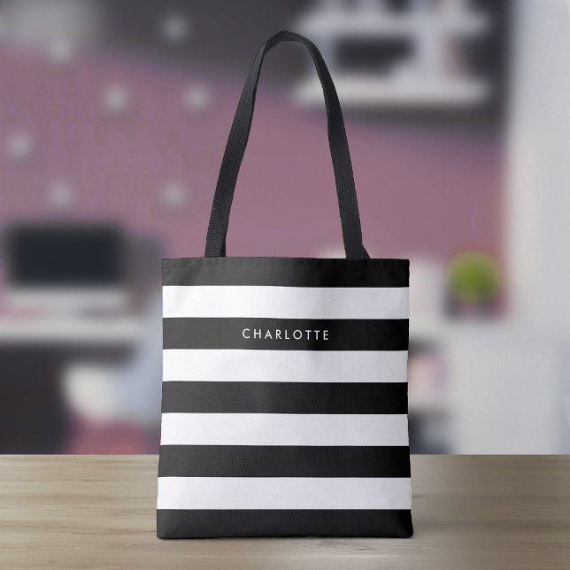 Bolsa Tote Listras Pretas e Brancas Personalizadas (Criador carregado)
