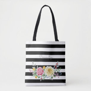 Bolsa Tote Listras pretas na moda florais e nome do rosa do