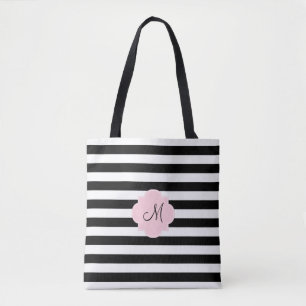 Bolsa Tote Listras preto e branco do monograma com rosa