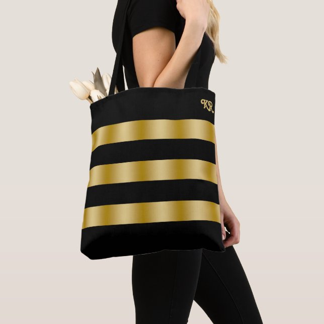 Bolsa Tote Listras Preto e Dourado Monograma (Close Up)
