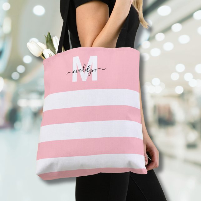 Bolsa Tote Listras Rosa Bege Nome Monogramado (Blush Pink Stripes Name Monogrammed Tote Bag)