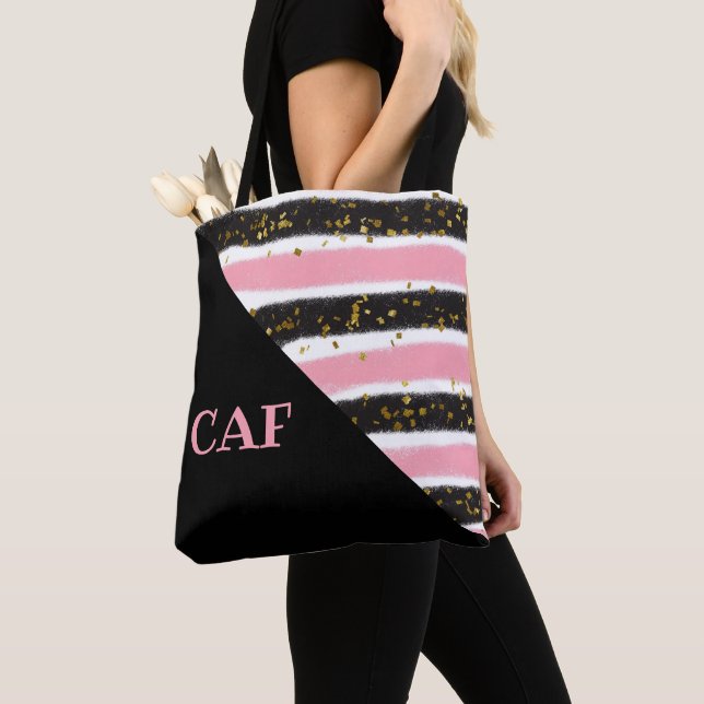 Bolsa Tote Listras Rosa e Preto Monogramadas com Brilho Doura (Close Up)